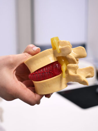 Woman doctor neurologist demonstrating a spinal vertebrae anatomy model with a red herniated disc....