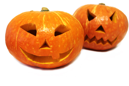 Halloween pumpkins (Jack-o'-lantern) isolated on white backgroundの写真素材