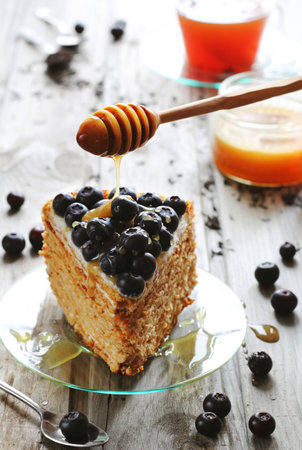 Piece of honey cake decorated with blueberry and honey on glass dish, shot against the lightの写真素材