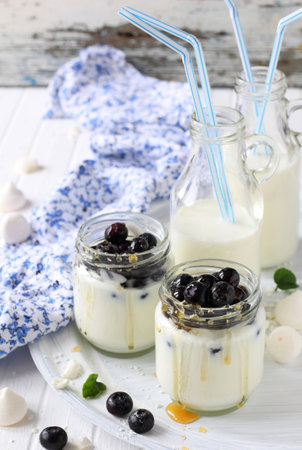 Yogurt with blueberry and honey and milk in bottles with straws on a white backgroundの写真素材