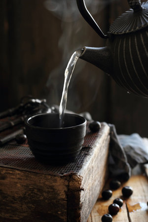 pouring hot water into the bowl of a cast-iron, shot with natural light, natural smokeの写真素材