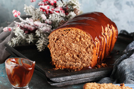 cut of homemade chocolate bread with chocolate icing, in New Year's decorationsの写真素材