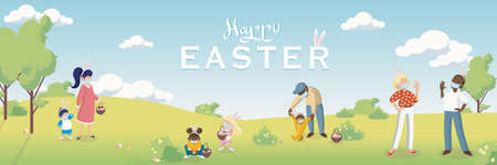 Easter poster and banner template with people, children, wearing masks. Egg hunt with social...