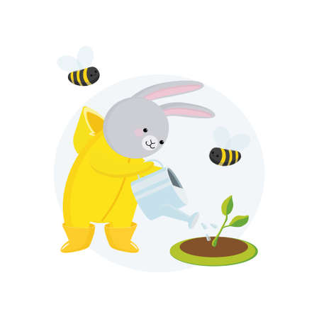 Cute vector bunny, is engaged in gardening. Watering the sprout with water from a watering can Spring, bees. Cartoon bunny in boots. Children's illustration.のイラスト素材
