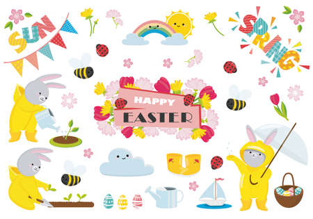 Spring and Easter collection of cute bunnies, flowers and decorations. Perfect for poster, greeting card, scrapbooking, tag, invitation, sticker set. Hand drawn vector illustration.のイラスト素材