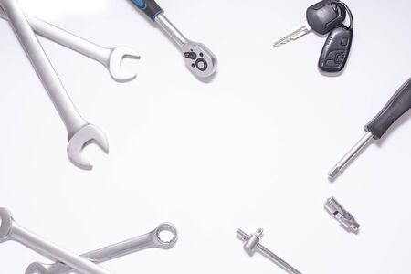 New keys on a white background, top view with space for text. Plumberの写真素材