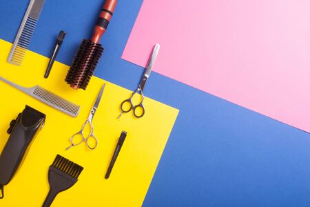 Barber, haircuts and beauty salons banners, flyers, card template. Inspired by fashion professional hairdresser tools.