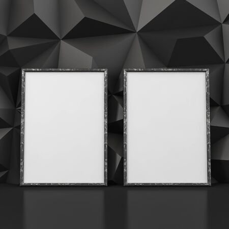 Two metal frames on a black embossed background and reflective floor  - 3D illustrationの写真素材