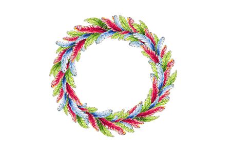 Watercolor wreath of multicolored feathers isolated on white backgroundの写真素材