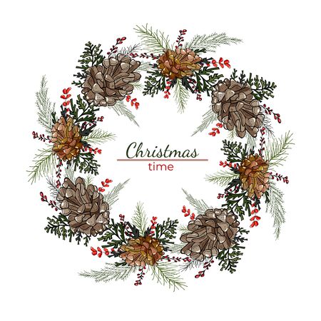 Christmas wreath of cones, leaves and berries. Isolated on white backgroundのイラスト素材
