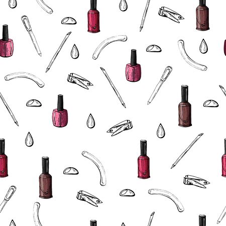 Seamless pattern of colored manicure and contour items on white backgroundのイラスト素材