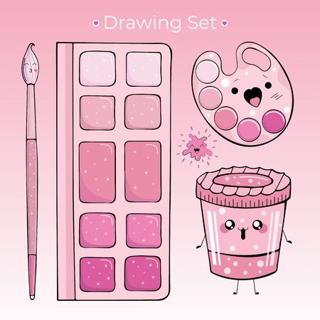 Set for drawing paints in the style of kawaii in pink colorsのイラスト素材