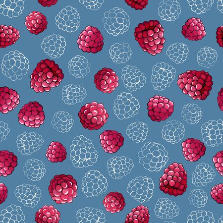 Seamless pattern of raspberry berries of pink color and berries contour on a blue background