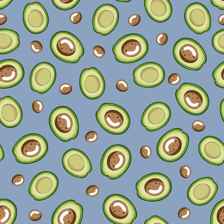Avocado halves seamless pattern isolated on blue backgroundの写真素材