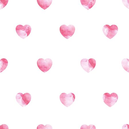 Seamless pattern of pink hearts in watercolor