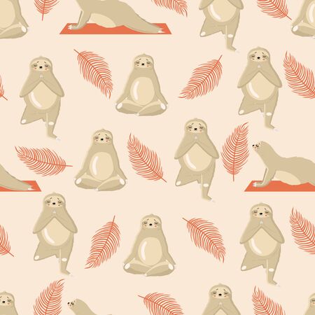 Seamless pattern of sloths doing yoga with leaves on a light backgroundのイラスト素材