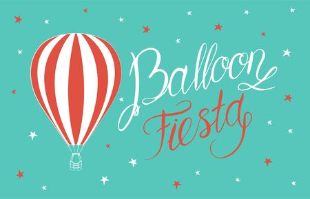 Balloon Fiesta lettering depicting a red balloon and stars on a turquoise backgroundのイラスト素材