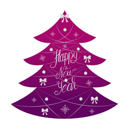 Happy New Year phrase inscription on silver on a lilac Christmas treeのイラスト素材