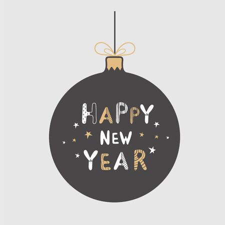 Happy new year lettering on a dark colored christmas toy with a bow in a flat styleのイラスト素材