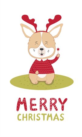 Lettering merry christmas with a dog in reindeer horns and sweater  in a scandinavian styleのイラスト素材
