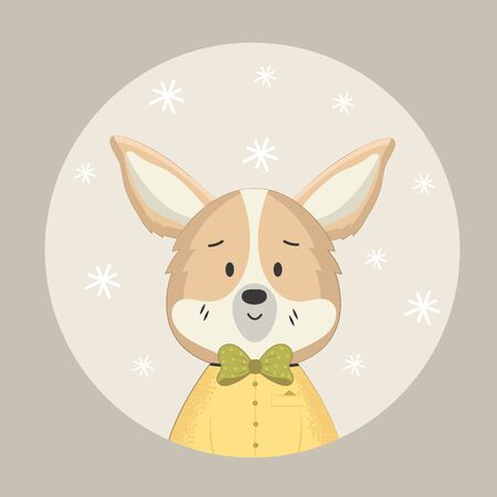 Corgi kid with bow tie in a round frame with snowflakesのイラスト素材