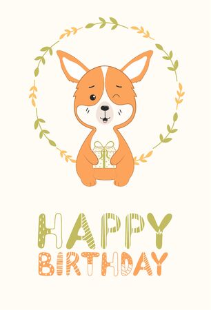 Happy birthday lettering with gingerbread corgi with a gift in the Scandinavian styleのイラスト素材