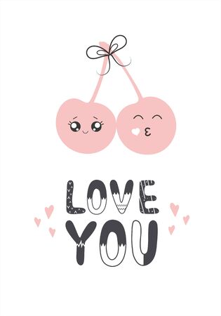 Scandinavian style lettering love you with cherriesのイラスト素材
