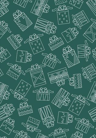 Seamless pattern of gifts with a contour of white color on a green backgroundのイラスト素材