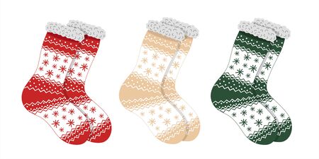 Set of Christmas socks with a pattern of snowflakes in red, beige and green colorのイラスト素材