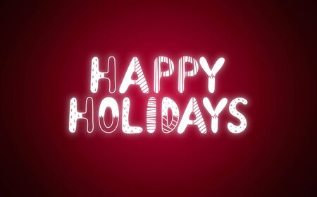 Luminous inscription happy holidays in neon color on a red backgroundの写真素材