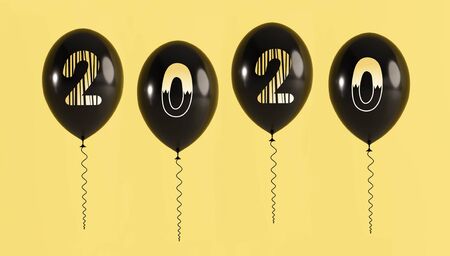 Lettering 2020 on black balloons on a yellow background  - 3D illustration