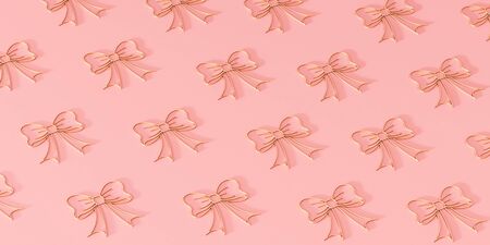 Background of gold bows lying on a table with a shadow on a pink background - 3D illustrationの写真素材