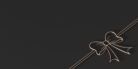 Background of gold bows lying on a table with a shadow on a black background with space for text- 3D illustrationの写真素材