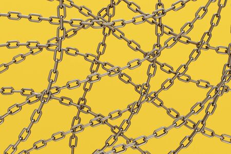 Background from silver metal chains on a yellow background- 3D illustration
