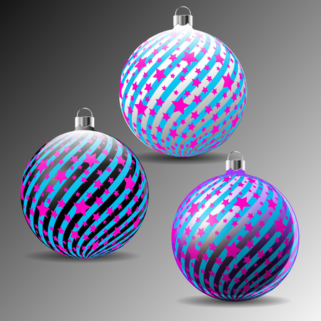Christmas balls with star's and diagonal print. Vector Illustration.のイラスト素材