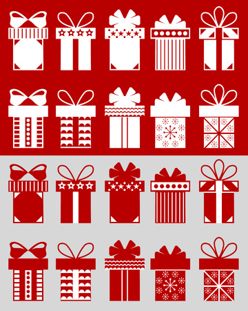 Christmas boxes: boxes isolated on the red background and cut boxes on the grey background. Set of 10 Christmas boxes with symbols and patterns. Vector illustration.のイラスト素材