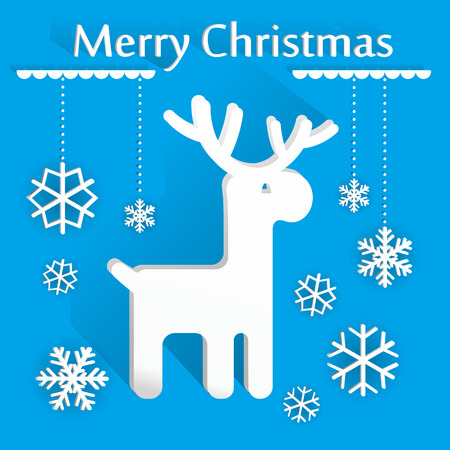 Vector white paper reindeer and snowflaks applique. Template for Christmas cards, invitations for Christmas party. Festive background. Deer and snowflaks paper art style.のイラスト素材