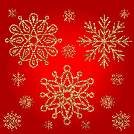 Elegant set of the three Shining Gold Snowflakes on a red background. Vector illustration. EPS8.のイラスト素材