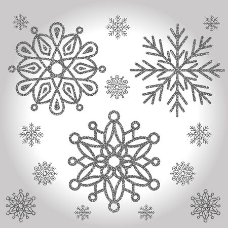 Elegant set of the three Shining Silver Snowflakes on a light gray background. Vector illustration. EPS8.のイラスト素材
