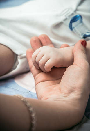 Children Babies. Small hand of a newborn baby in the hands of happy parentsの写真素材