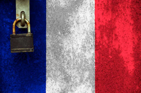 The french flag is in texture. Template. Coronavirus pandemic. Countries are closed. Locks.の写真素材