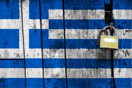 Flag of greece is in texture. Template. Coronavirus pandemic. Countries are closed. Locks.の写真素材
