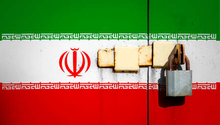 Iran flag is on texture. Template. Coronavirus pandemic. Countries are closed. Locks.