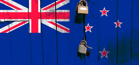 New zealand flag is on texture. Template. Coronavirus pandemic. Countries are closed. Locks.