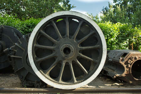 Railway equipment. Wheelset of a steam locomotive. Cast wheel.