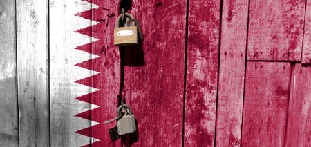 Qatar flag is on texture. Template. Coronavirus pandemic. Countries may be closed. Locks.