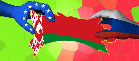 The flag of Belarus is inscribed in the contour map of the country. Hands with applied flags of the European Union and Russia are stretching the map of Belarus.の写真素材