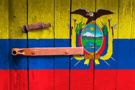 Ecuador flag is on texture. Template. Coronavirus pandemic. Countries may be closed. Locks.の写真素材