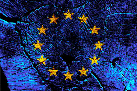 EU flag on texture background. Background for greeting cards for EU public holidays. Europe Day is...