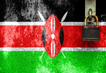 Kenya flag is on texture. Template. Coronavirus pandemic. Countries may be closed. Locks.の写真素材